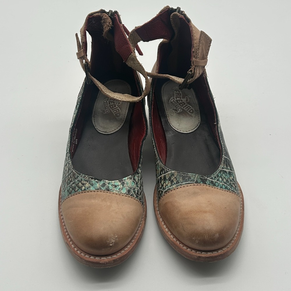 Freebird Steven Marilyn Tan Turquoise Snake Leather Ankle Strap Flats Womens 6 - Picture 5 of 9